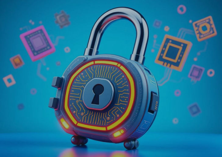 Lucchetto tecnologico 3D cartoon per cybersecurity