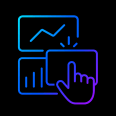 minimal outline style icon of a modular dashboard with a bar chart and line graph, a cursor hand dragging one module.
