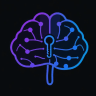 A gradient line icon of a brain made of interconnected nodes with a small key inside, minimal outline style, blue to purple gradient stroke, solid black background, centered, --ar 1:1 --style raw