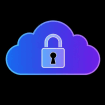 A gradient line icon of a cloud protected by a lock and shield, minimal outline style, blue to purple gradient stroke, solid black background, centered, --ar 1:1 --style raw