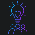 A gradient line icon of a lightbulb with a shield inside above three human figures, minimal outline style, blue to purple gradient stroke, solid black background, centered, --ar 1:1 --style raw