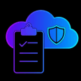 A gradient line icon of a checklist on a clipboard next to a cloud with a shield and checkmark, minimal outline style, blue to purple gradient stroke, solid black background, centered, --ar 1:1 --style raw