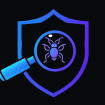 A gradient line icon of a magnifying glass inspecting a small bug inside a shield, minimal outline style, blue to purple gradient stroke, solid black background, centered, --ar 1:1 --style raw