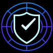 A gradient line icon of a shield with a checkmark being scanned by a radar wave, minimal outline style, blue to purple gradient stroke, solid black background, centered, --ar 1:1 --style raw