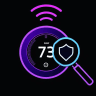A gradient line icon of a smart thermostat with wifi signal and a magnifying glass scanning it with a shield, minimal outline style, blue to purple gradient stroke, solid black background, centered, --ar 1:1 --style raw