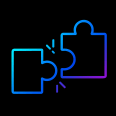 icon of two different geometric shapes or puzzle pieces connecting seamlessly, with a light spark at the connection point.