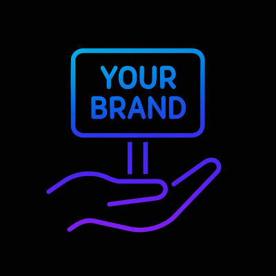 cona vettoriale minimalista che mostra una mano stilizzata che regge un cartellino con la scritta “YOUR BRAND”. Le linee sono realizzate con un gradient viola‑azzurro acceso su sfondo grigio molto scuro. L’immagine rappresenta il supporto tecnico silenzioso e la partnership white‑label.